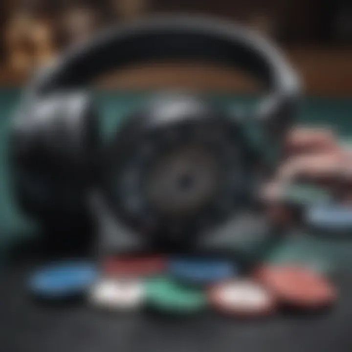 Illustration of poker chips and cards alongside headphones