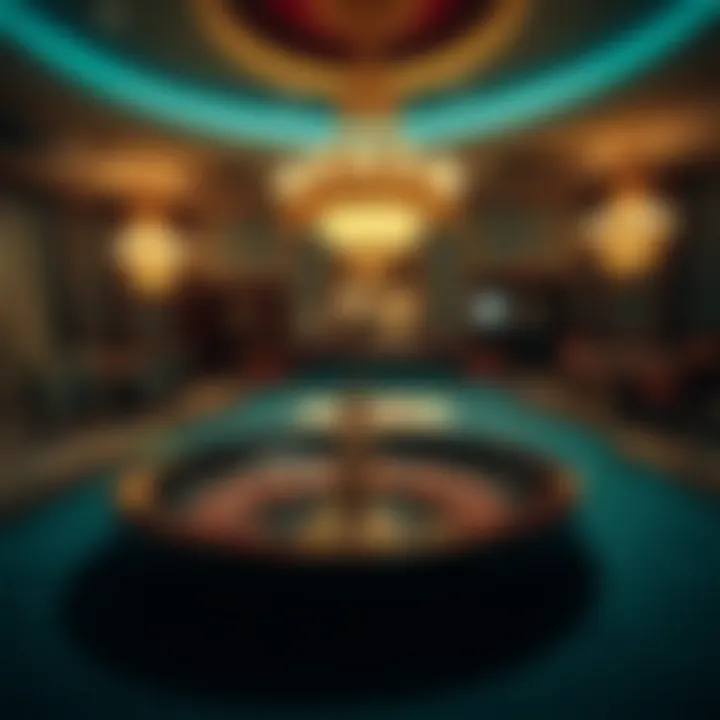 An elegant European casino interior showcasing a roulette table in action.