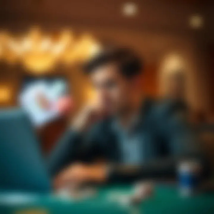 Analyzing Poker Strategies A thoughtful player analyzing poker strategies on a laptop