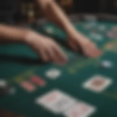 A close-up view of a blackjack table displaying cards and player strategies