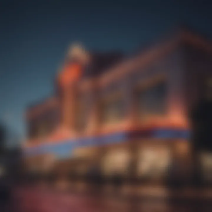 Exterior view of a popular casino in Jamaica, Queens showcasing vibrant lights