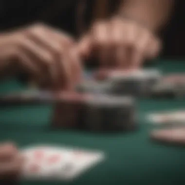 Close-up of a poker game in action, with players focused and cards in play