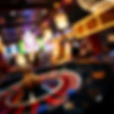 A roulette wheel spinning in a bustling casino