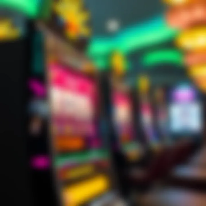 A dynamic slot machine displaying bright lights and spinning reels.