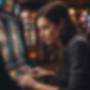 A close-up of a player interacting with a WMS Gaming slot machine