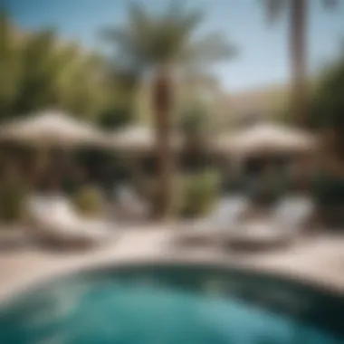 Poolside relaxation area at a mid-range hotel in Las Vegas