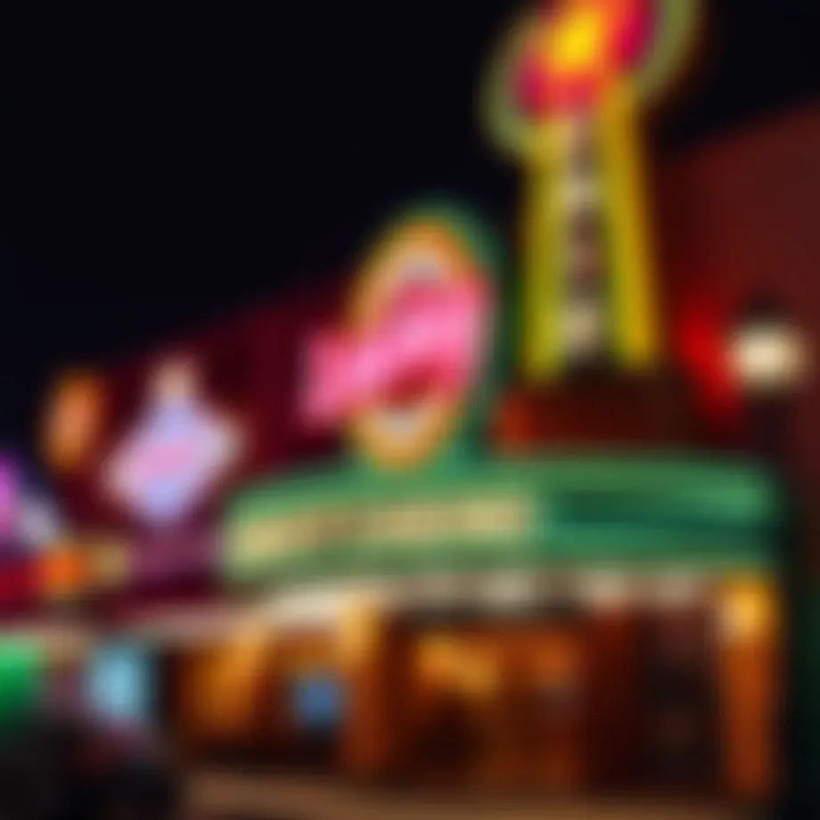 Exterior view of Lucky Casino showcasing the vibrant neon lights