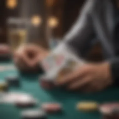 Close-up of winning blackjack hand with chips