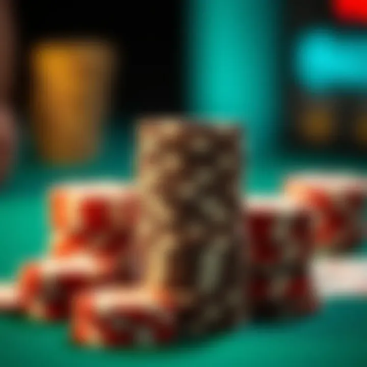 Chips for Betting in 21 A close-up of chips stacked for betting in a game of 21.